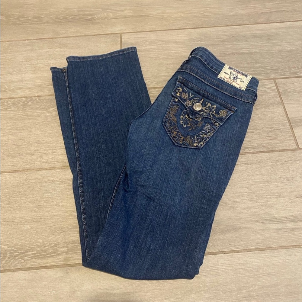 True Religion Women's Dark Blue embroidered floral Bootcut Jeans